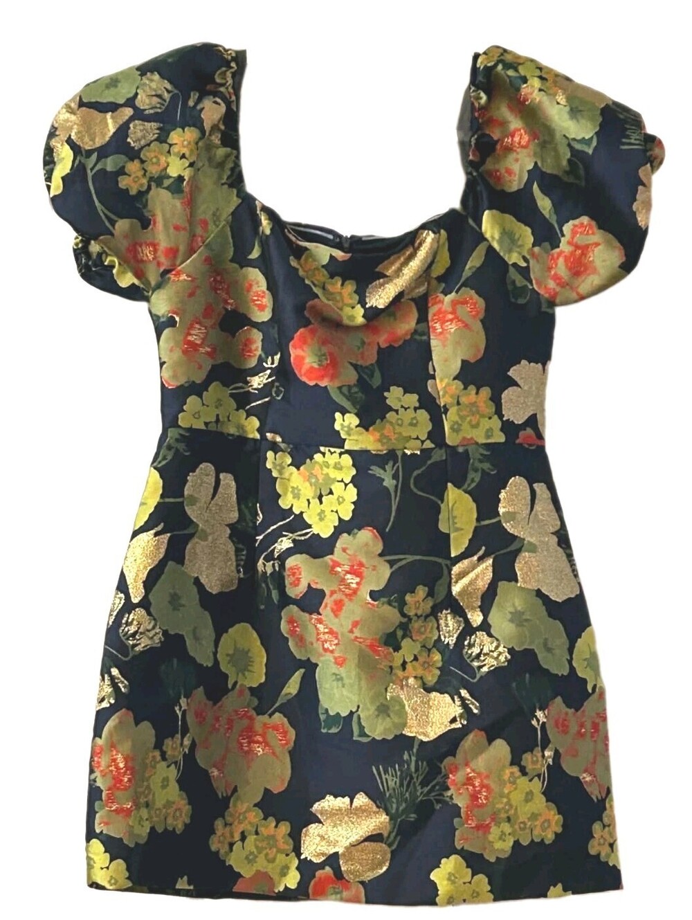 LULUS So Stunning Navy Blue Floral Jacquard Puff Sleeve Mini Dress Size Large L